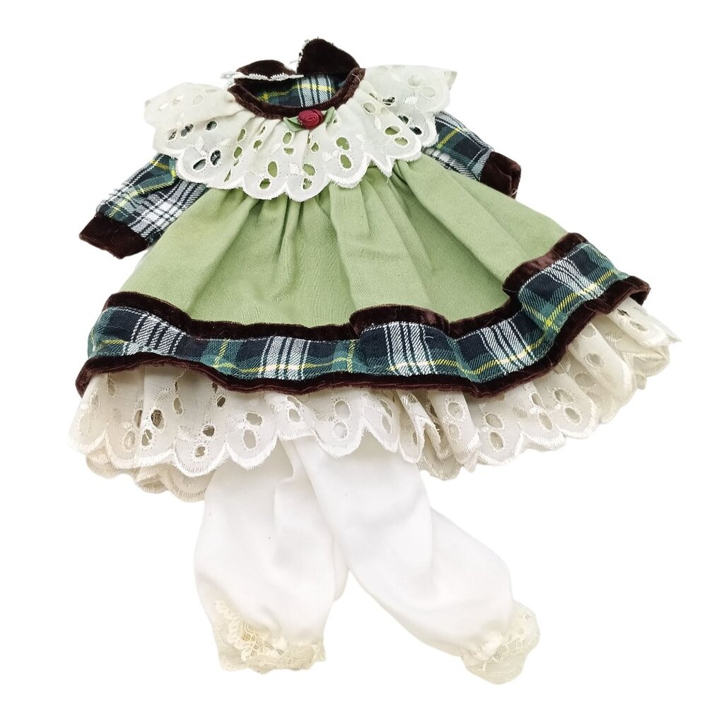 Vintage Green Plaid Doll Dress With Eyelet Lace & Bloomers For Collectors